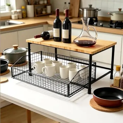 HYLMMDA Microwave Stand, Kitchen Counter Top Organizer, Kitchen Shelf Duty Stand, with Bottom Foldable Storage Basket, Small Storage Microwave Shelf (Black)